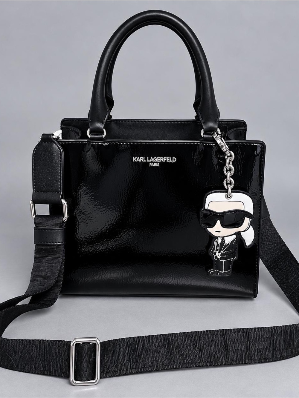 Karl Lagerfeld Black Patent Top-Handle Satchel with Charm